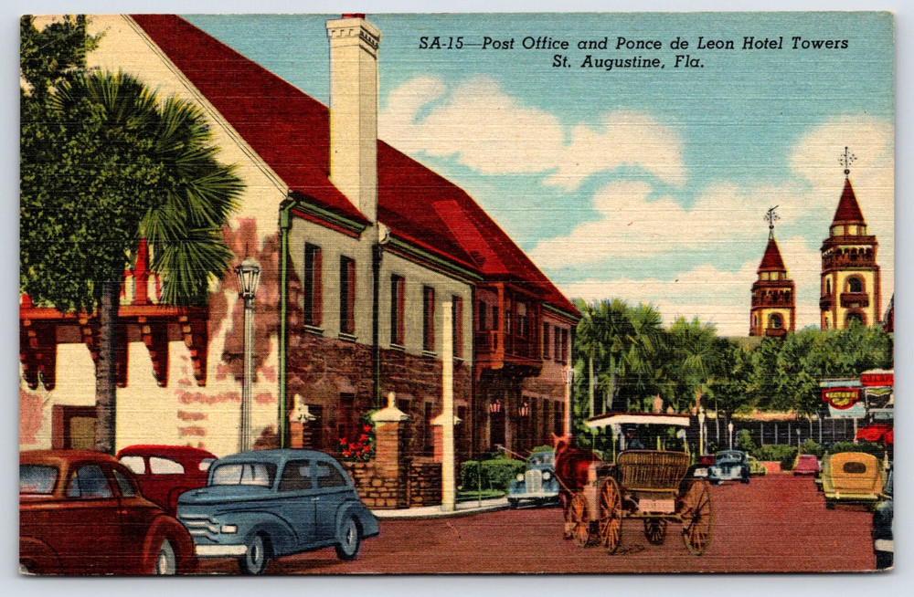 Vintage Postcard Old Antique Cars Post Office Hotel Towers St. Augustine Florida