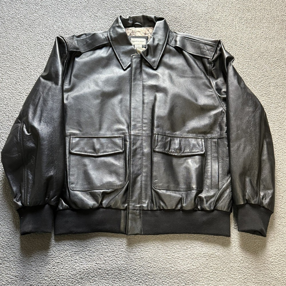 Scandia Woods Black Leather A-2 Style Bomber Jacket Size Large Map Lined
