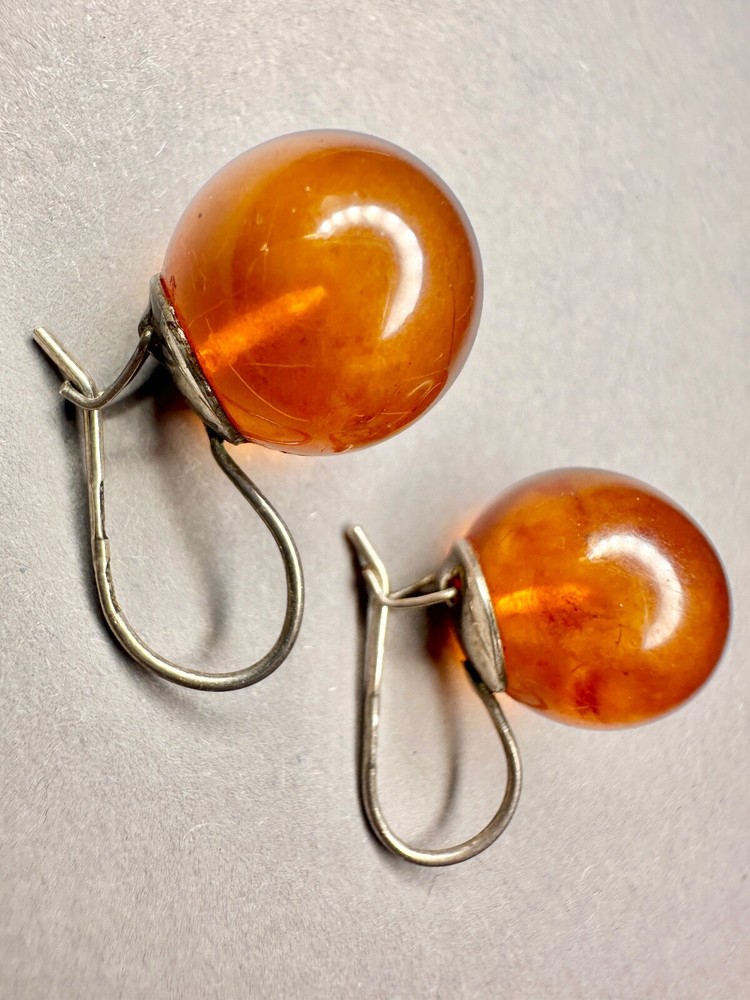 Big Antique Soviet Russian Earrings Sterling Silver 875 Amber Women's Jewelry