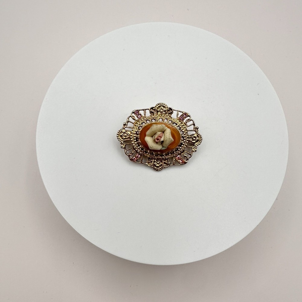 Vintage 80s Gold Tone Floral Brooch Pink Rhinestone Porcelain Rose Pin Victorian