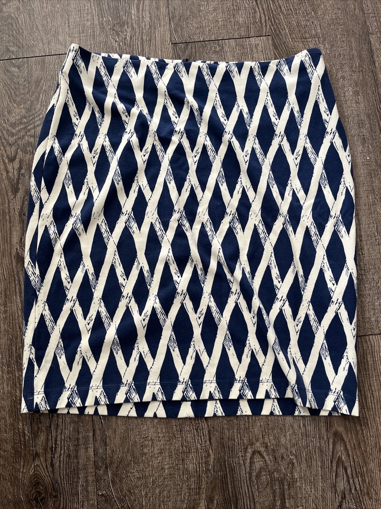 J McLaughlin Womens Skirt Sz 4 Blue White Bamboo Trellis Print Stretch Knit