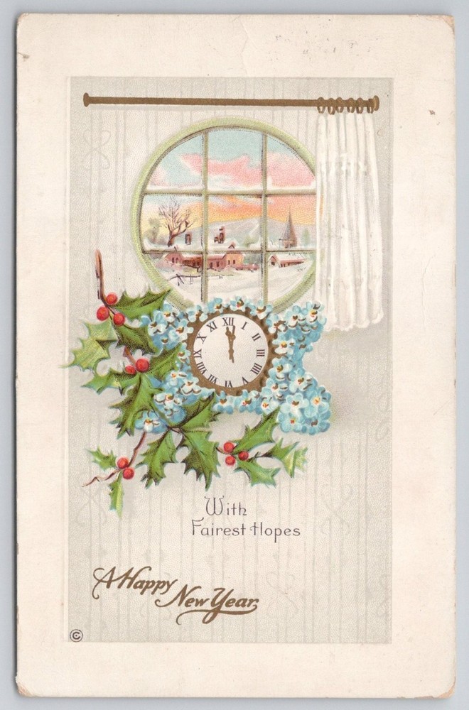 Vintage New Year Postcard Sellersville PA Embossed Holly Clock Window 1907