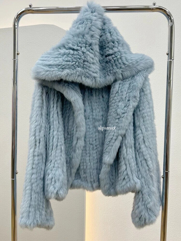Women Real Rabbit Fur Coat Fur Jacket Loose Manual Weave Hooded Flare Sleeves