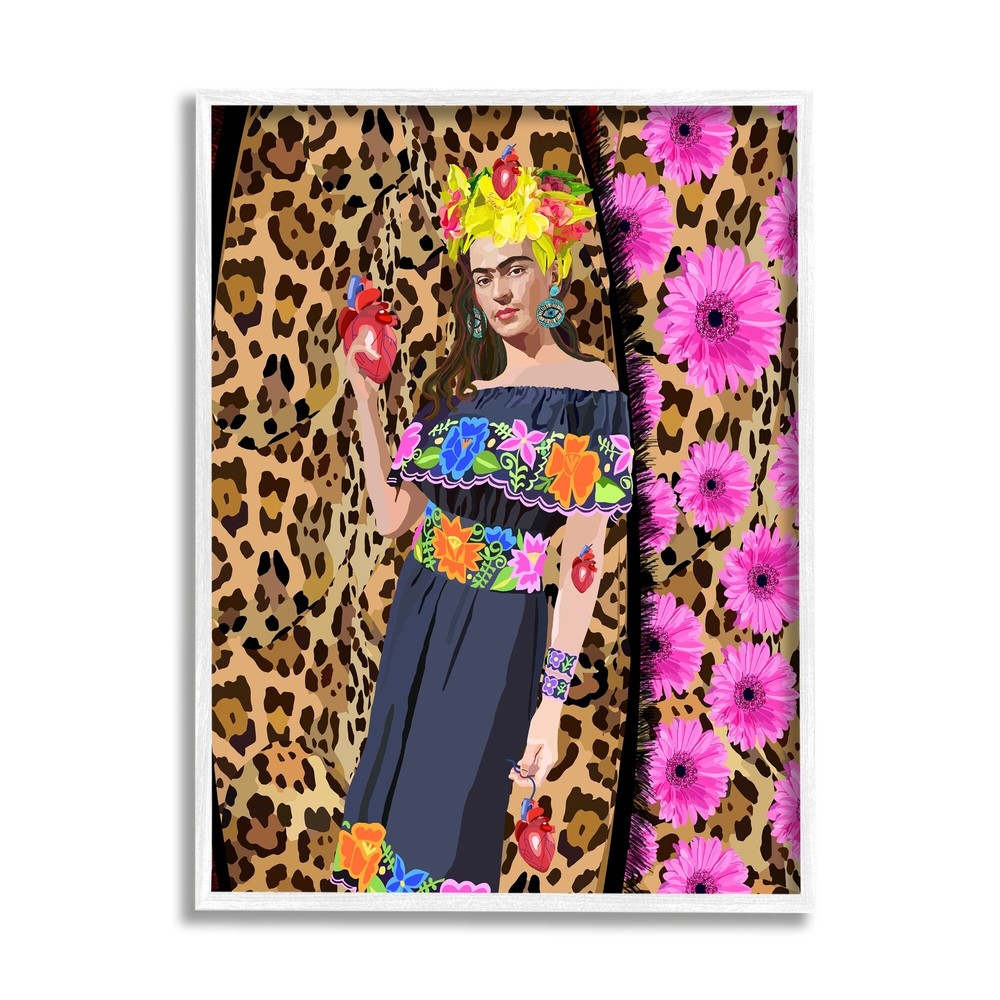 Stupell Glamorous Frida Standing Leopard Pattern Bold Floral  Framed Wall Art -