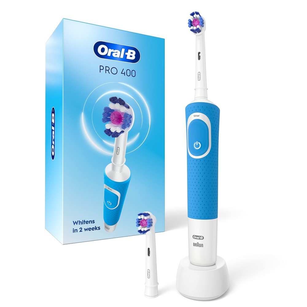 Oral B Pro 400 3D White Electric Toothbrush with 2 Brush Heads in Blue
