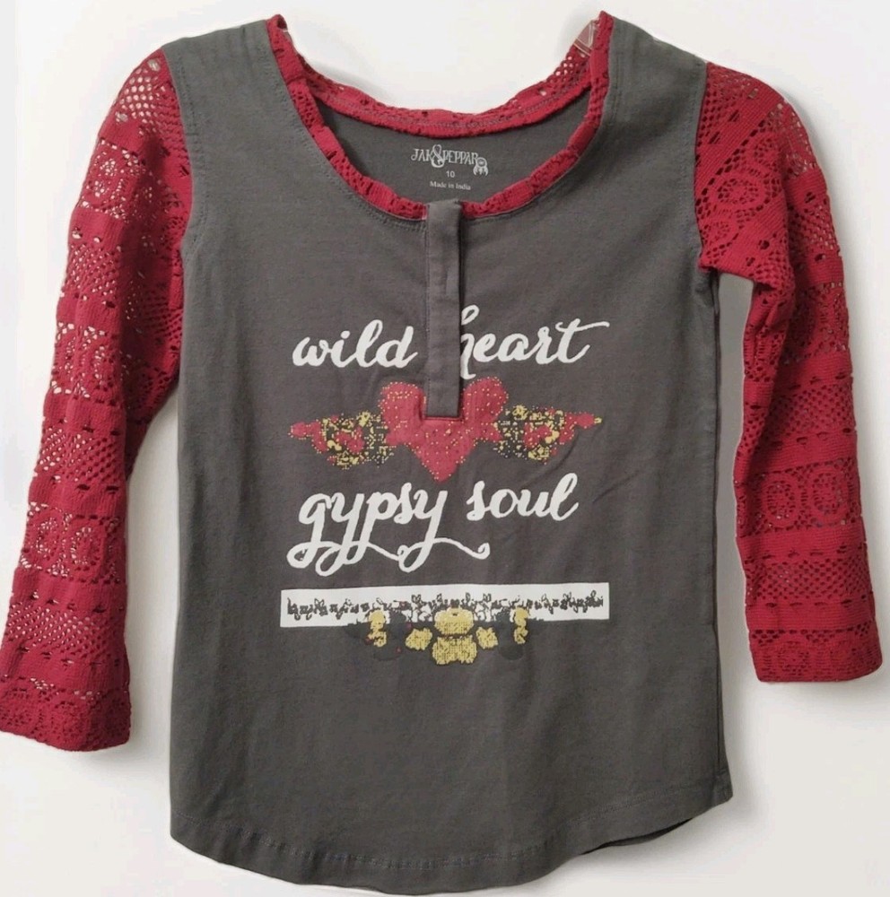 ❤️Jak & Peppar Girls Top Shirt Size 10 Gray & Dark Red Long Sleeve, EUC