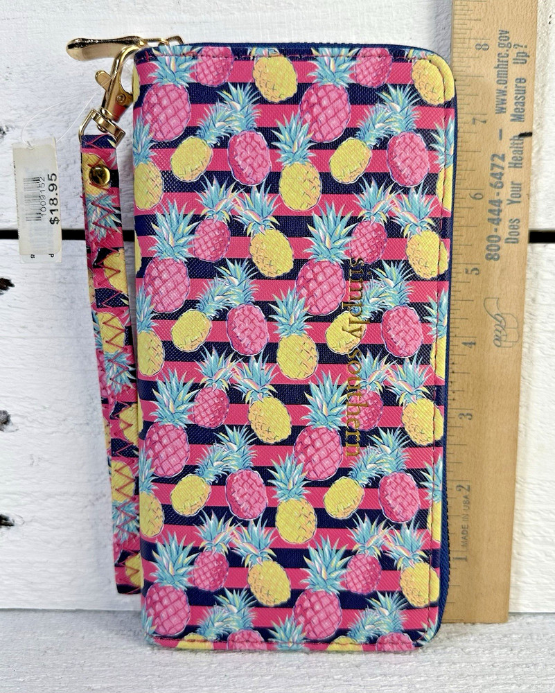 Simply Southern Wallet w/Wrist Strap Pineapple Navy Pink Stripes Zip Closure NWT