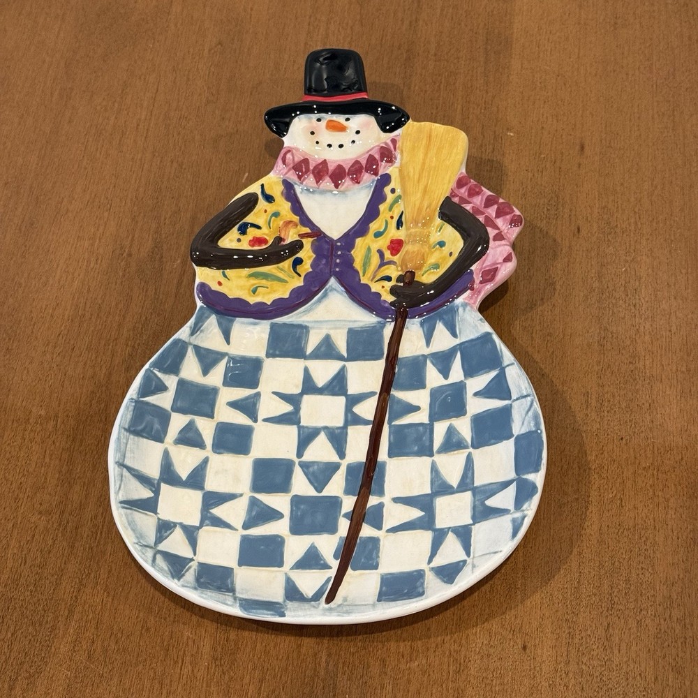 Jim Shore Winter Folk Snowman Holiday Ceramic Candy Dish Cookie Serving Plate