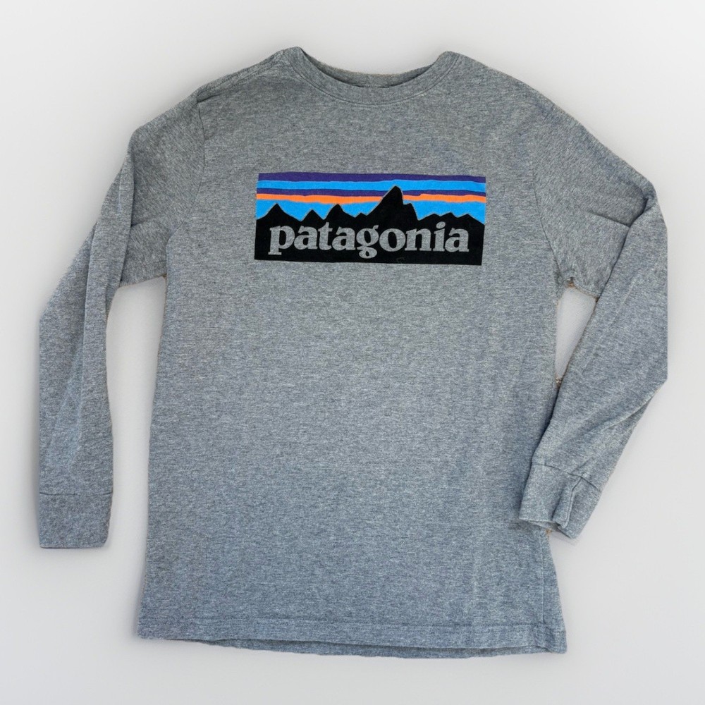 Boys Size M Medium 10 Patagonia Logo Long Sleeve Grey Shirt Organic Cotton EUC