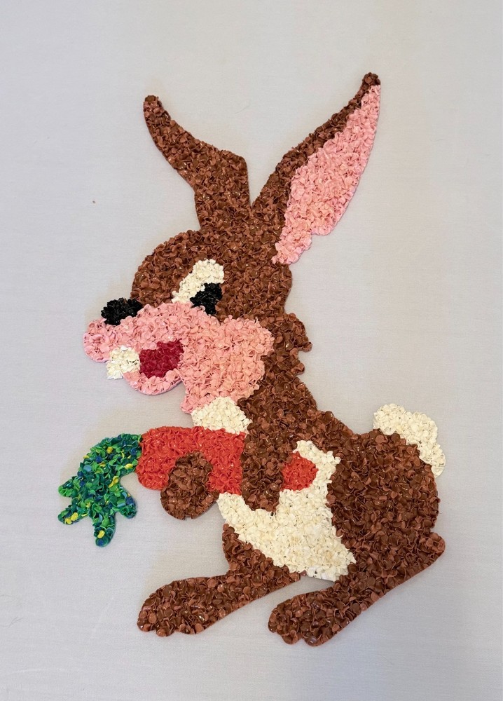 Vintage Melted Plastic Popcorn Brown Easter Bunny Rabbit Decoration 21”