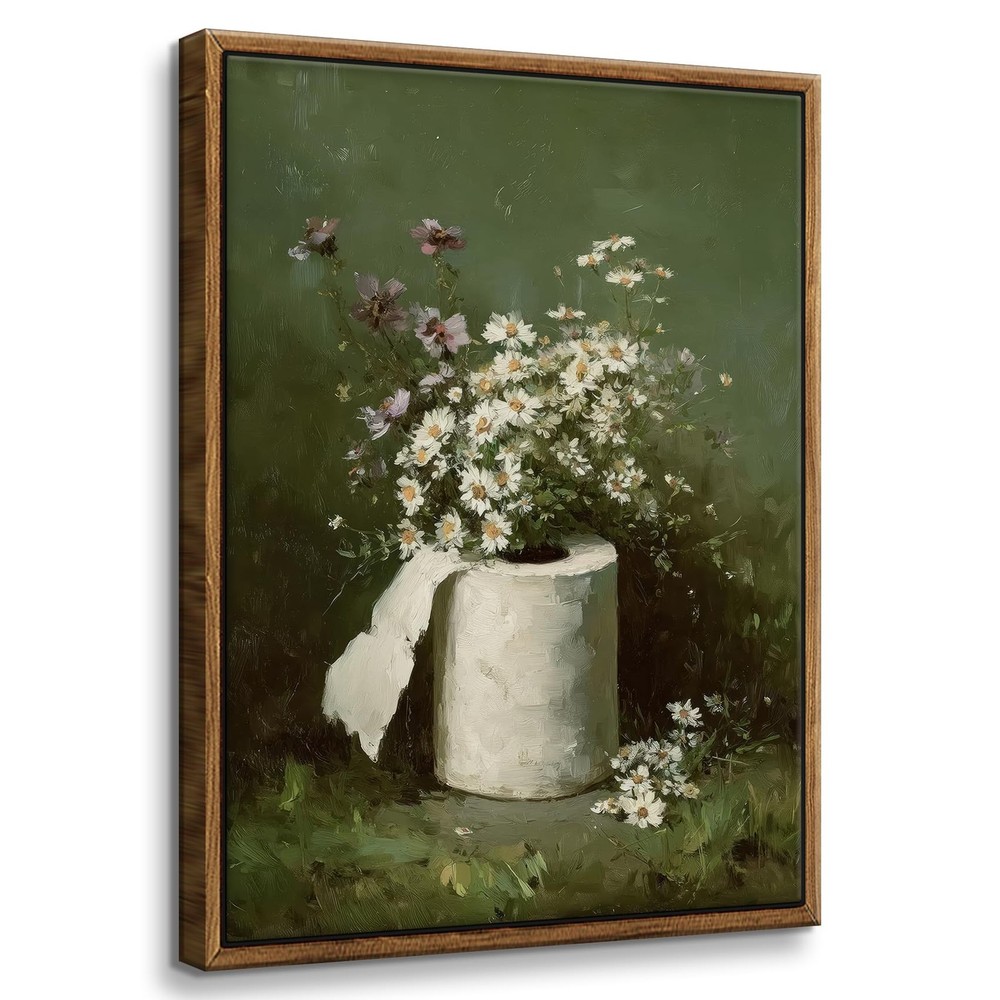 Framed Funny Bathroom Wall Art Vintage Floral Canvas Print Rustic Farmhouse M...