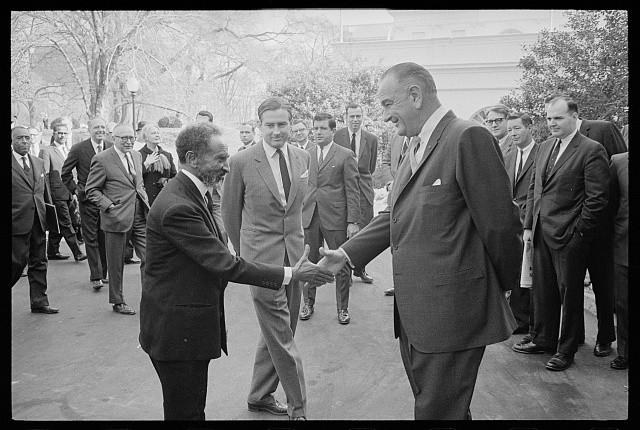 President Lyndon Johnson shaking hands Haile Selassie, Emperor Ethiopia,