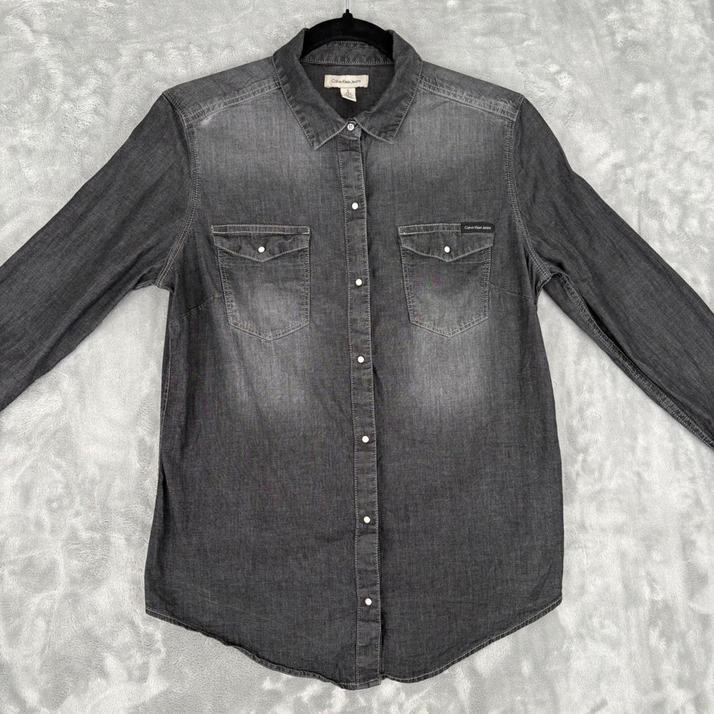Calvin Klein Jeans Gray Washed Pearl Snap Button Up Long Sleeve Shirt Size Small