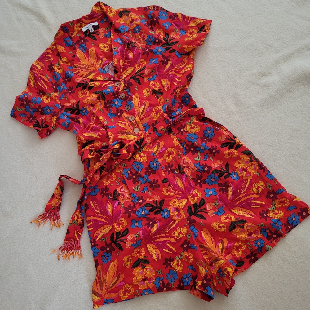 Red Floral Romper Women's Size Medium Linen Blend Maison d Amelie Anthropologie