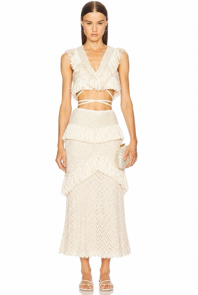 Vestis M Crochet Fringe Two Piece Set Ivory Boho Skirt & Crop Top M/L