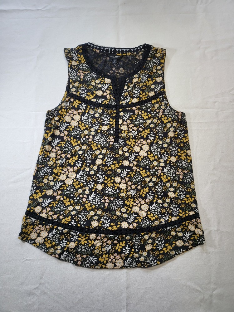 Lucky Brand Floral Split Neck Sleeveless Top with Crochet Trim Size Medium