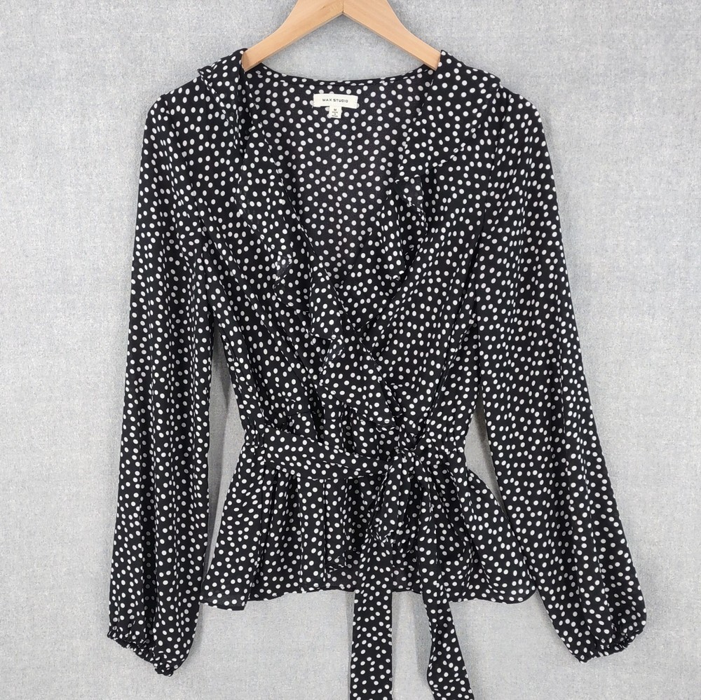 Max Studio Top Womens Medium Black Dot Tie Wrap Ruffle Flirty V-neck Long Sleeve