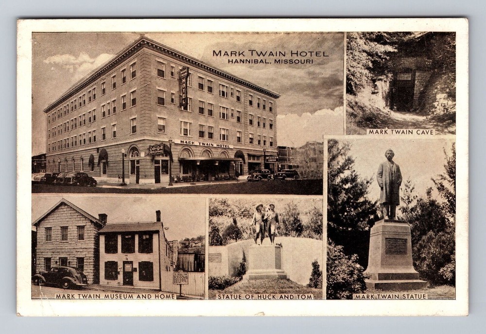 Missouri MO Hannibal Mark Twain Hotel Cave Museum Statue Vintage Postcard
