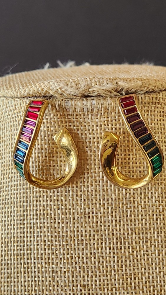 Vintage SAL Signed Swarovski Crystal Goldtone Pierced Earrings Rainbow Crystals