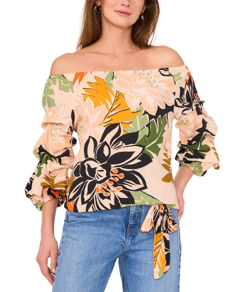 Vince Camuto Women's Top Sz L Floral Off-The-Shoulder Bubble