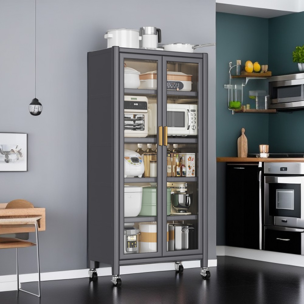 Open Door Kitchen Shelving Floor To Ceiling Multilevel Household Microwave
