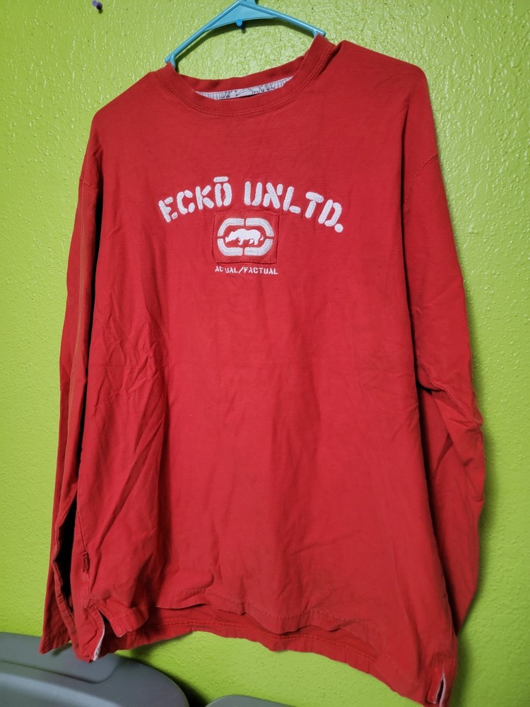Ecko Unltd Actual Factual Vintage Shirt Mens Red Graphic Y2K Street Long Sleeve
