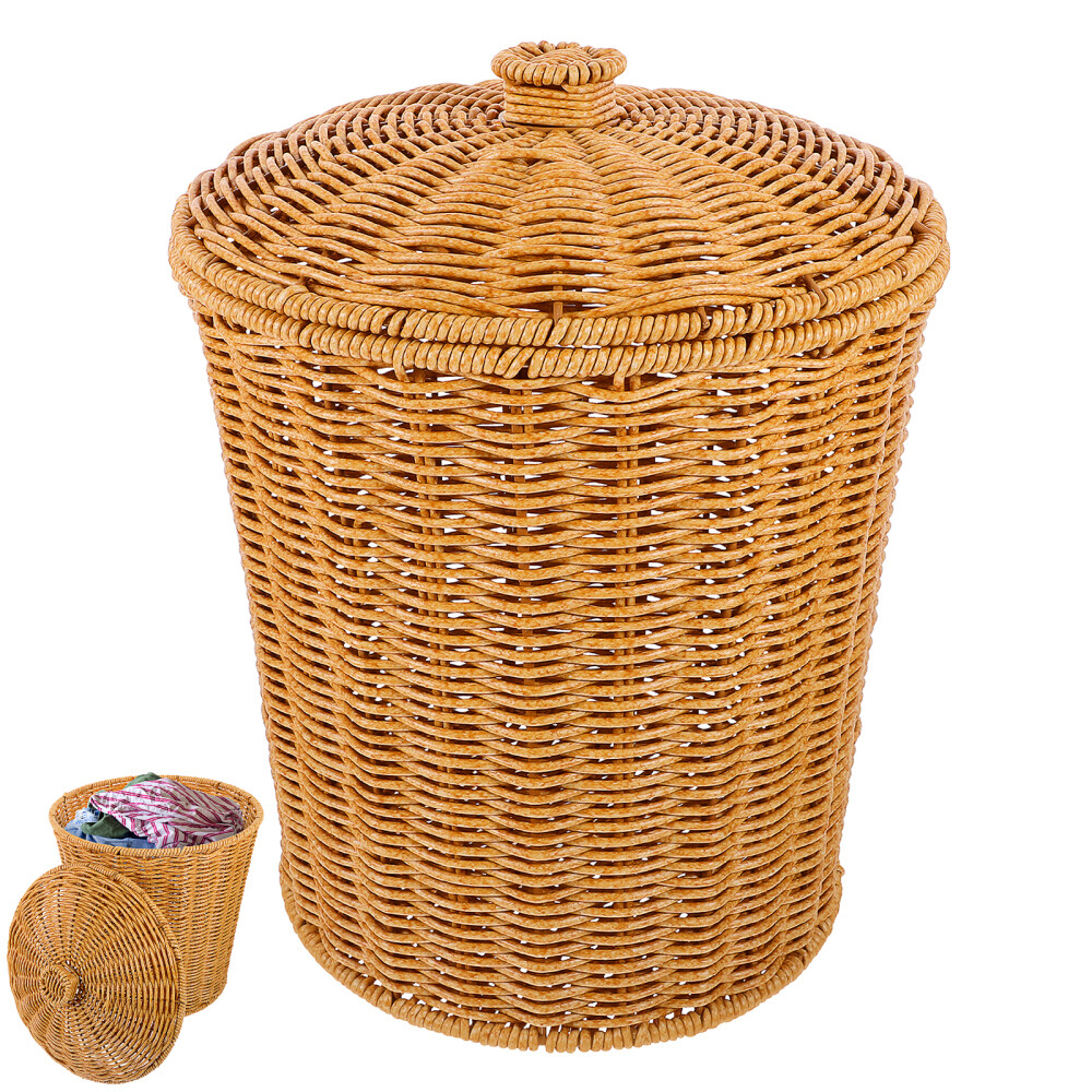 Makeup Organizing Basket Laundry Hamper Trash Bin Rattan Can with Lid Office