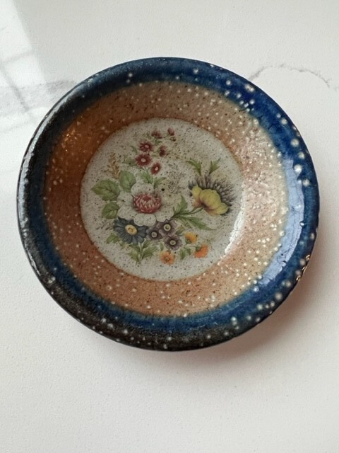 Vintage Pottery Hand Painted Floral Speckled Trinket Dish Bowl Hand Painted 5 in
