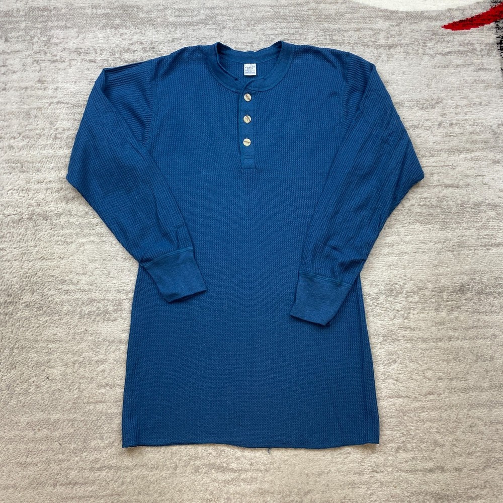 Vintage Morgan Mills Henley Shirt XL Blue Thermal Waffle Knit Preppy 60s 70s Men