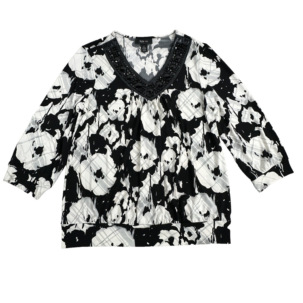 Style & Co Blouse L Black White Floral Boho Chic Embellished V-Neck Aesthetic