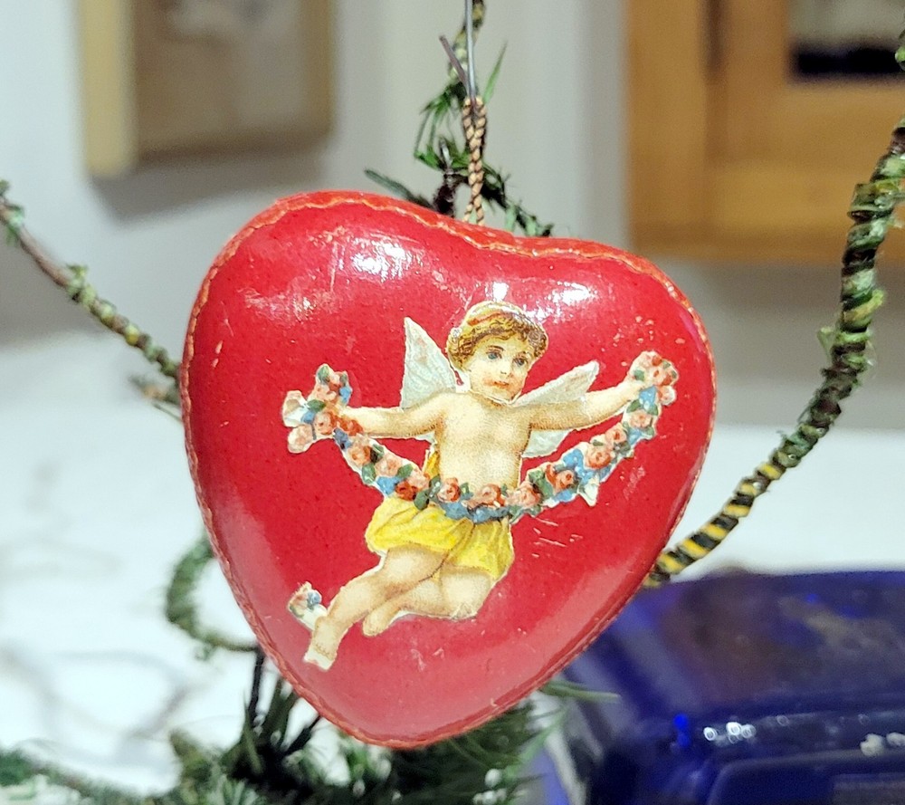 Heart Shaped Dresden Ornament & Container. German. 1890s, Tiny Doll inside