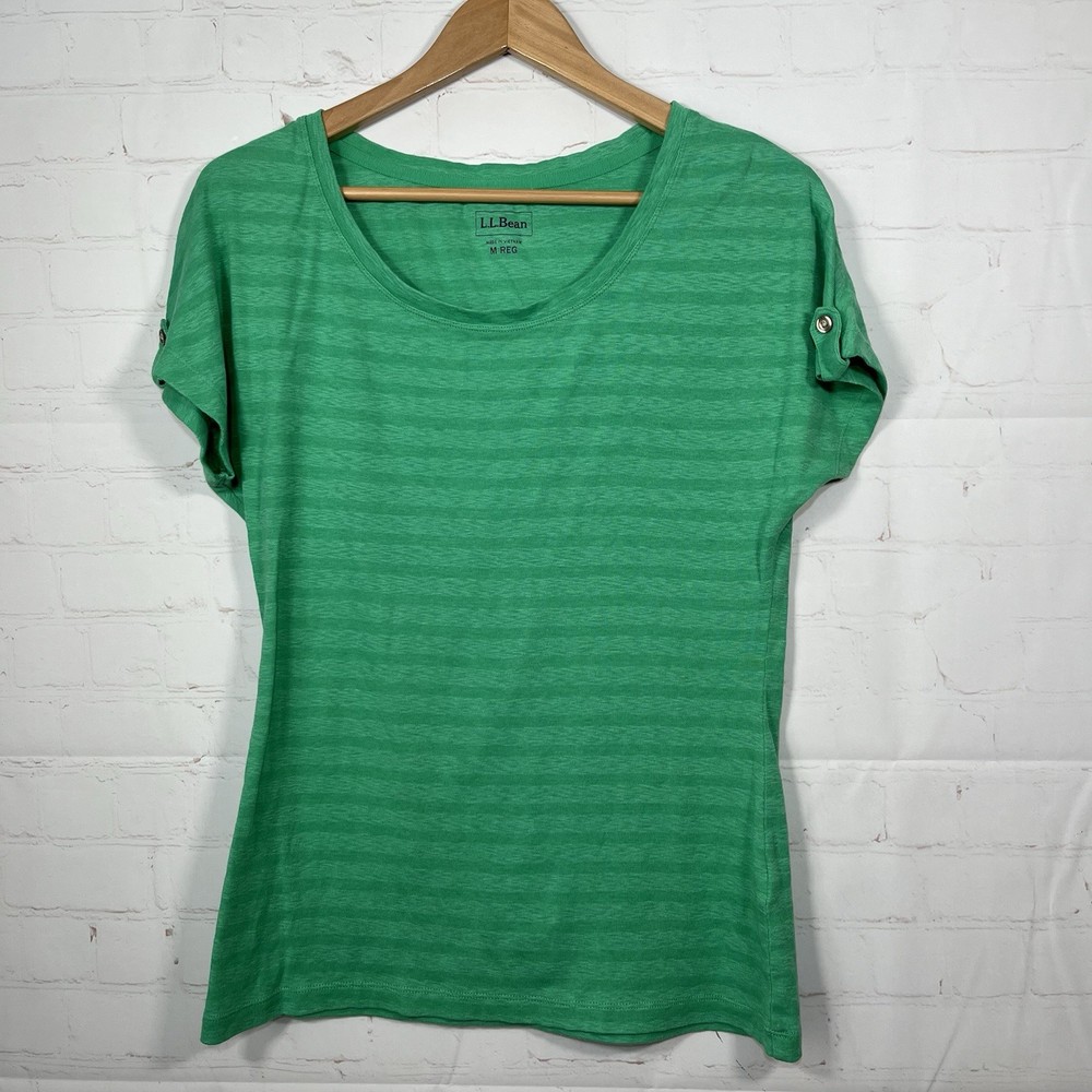 LL Bean Shirt Womens Medium Green Striped Scoop Neck Cotton Blend Casual
