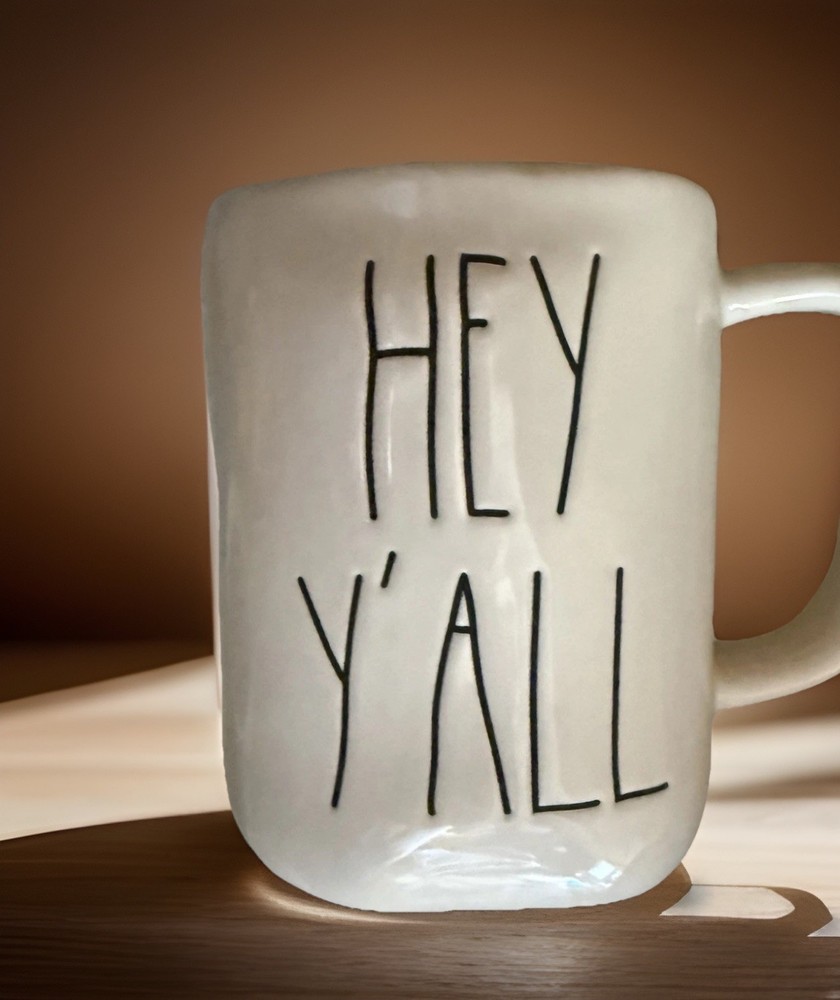 Rae Dunn HEY Y'ALL White Ceramic Coffee Mug, 12 oz, Black Lettering