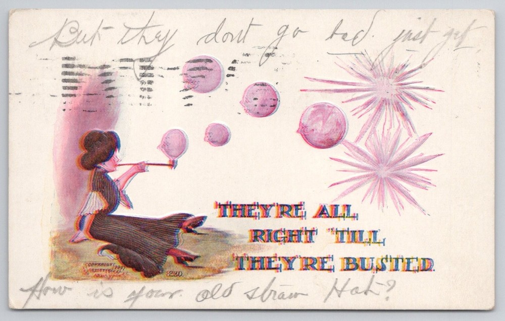 1909 Comic Postcard Woman Blowing Bubbles - 