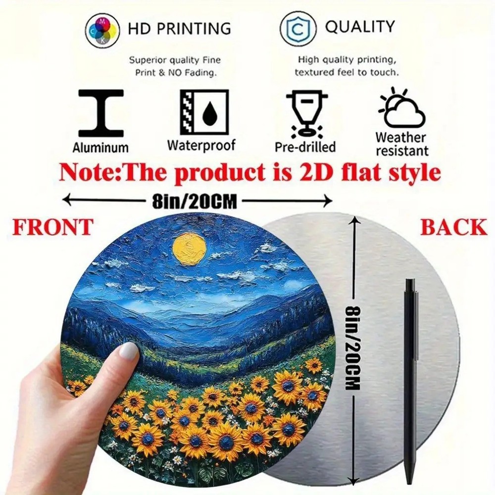 Sunflower Field Aluminum Round Wall Art Clay Painting Style