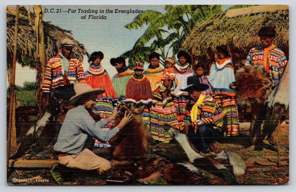 Florida Everglades~Seminole Fur Trading Scene~Vintage Linen Postcard