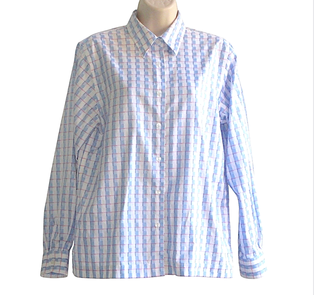 FOXCROFT Button-Up Dress Shirt WRINKLE FREE COTTON Blue/Pink/White Plaid Check 8
