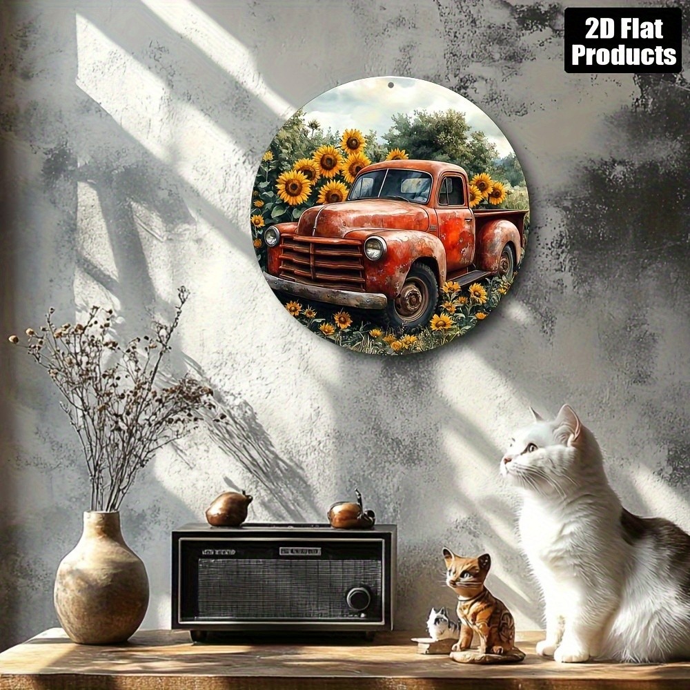 Vintage Red Truck Sunflowers Metal Wall Decor Rustic Farmhouse