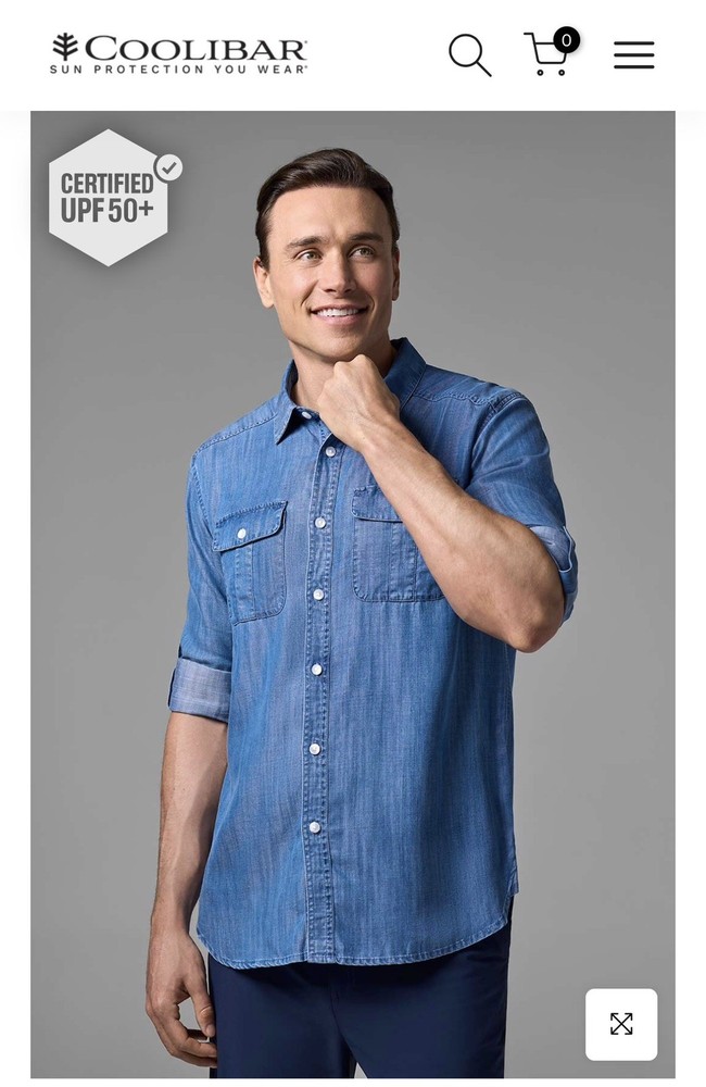 Coolibar Mens Carson Chambray LS Shirt | Light Indigo Chambray, UPF50, sz XL