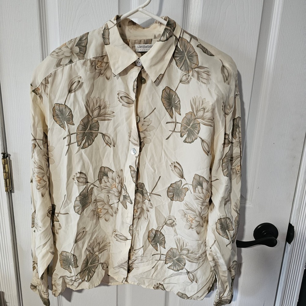 Liz Claiborne Button Down Shirt 100% Silk Vtg Floral Design Size 10 Collection