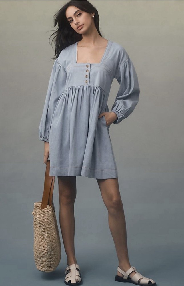 Anthropologie Long-Sleeve Square Neck Denim Babydoll Mini Dress Women’s XXS