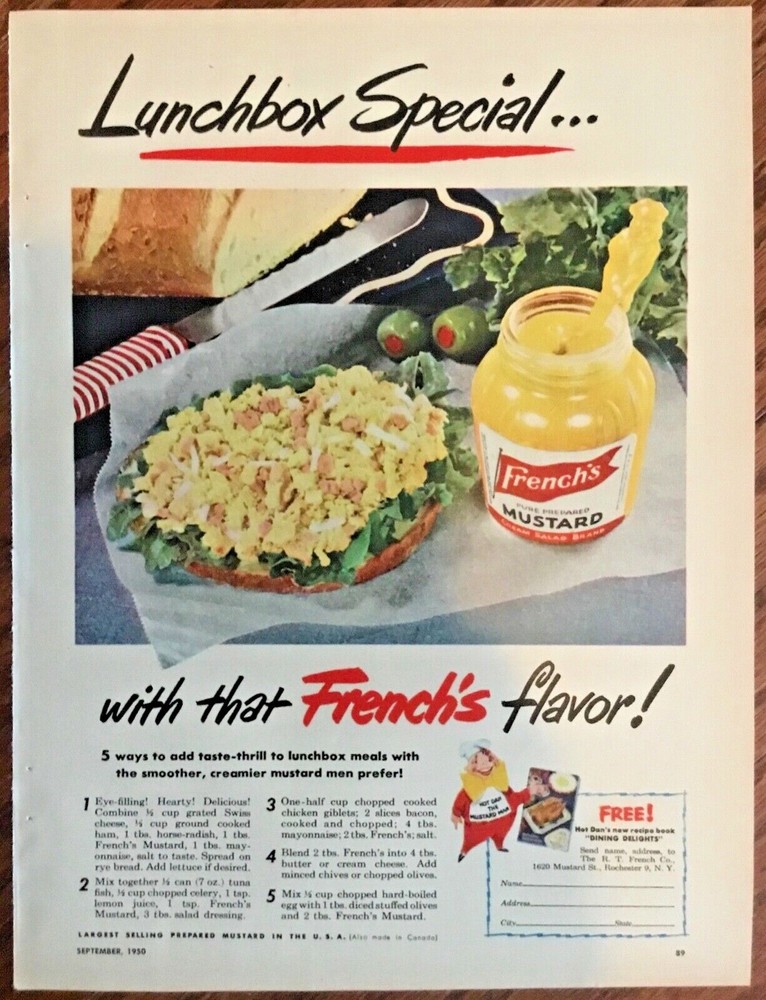 French’s mustard ad 1950 orig vintage retro art 1950s illus print food recipe