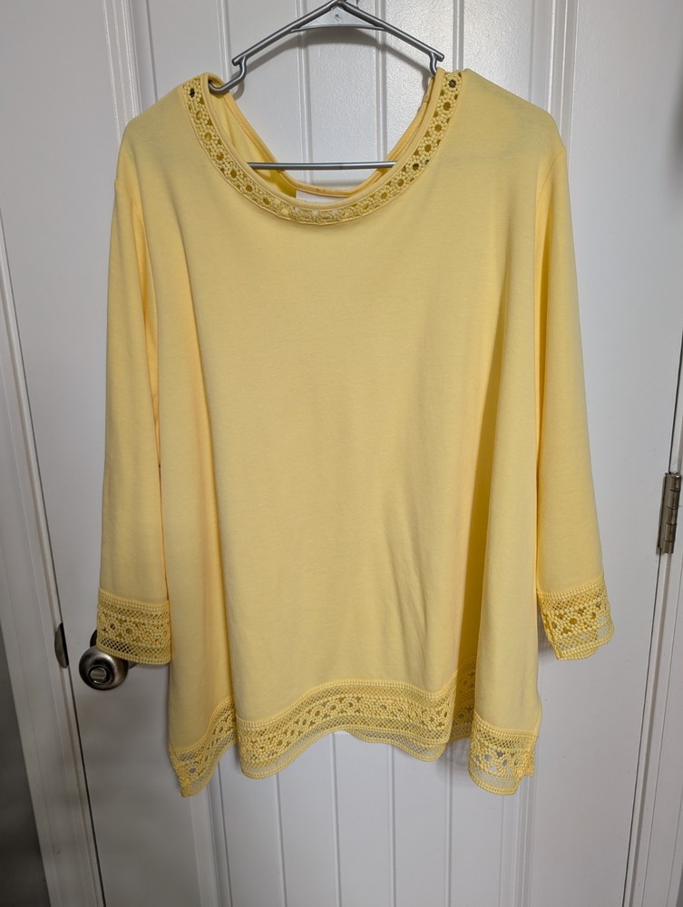 Alfred Dunner Women's Crochet Accent Knit Yellow 3/4 Sleeve Top 3X