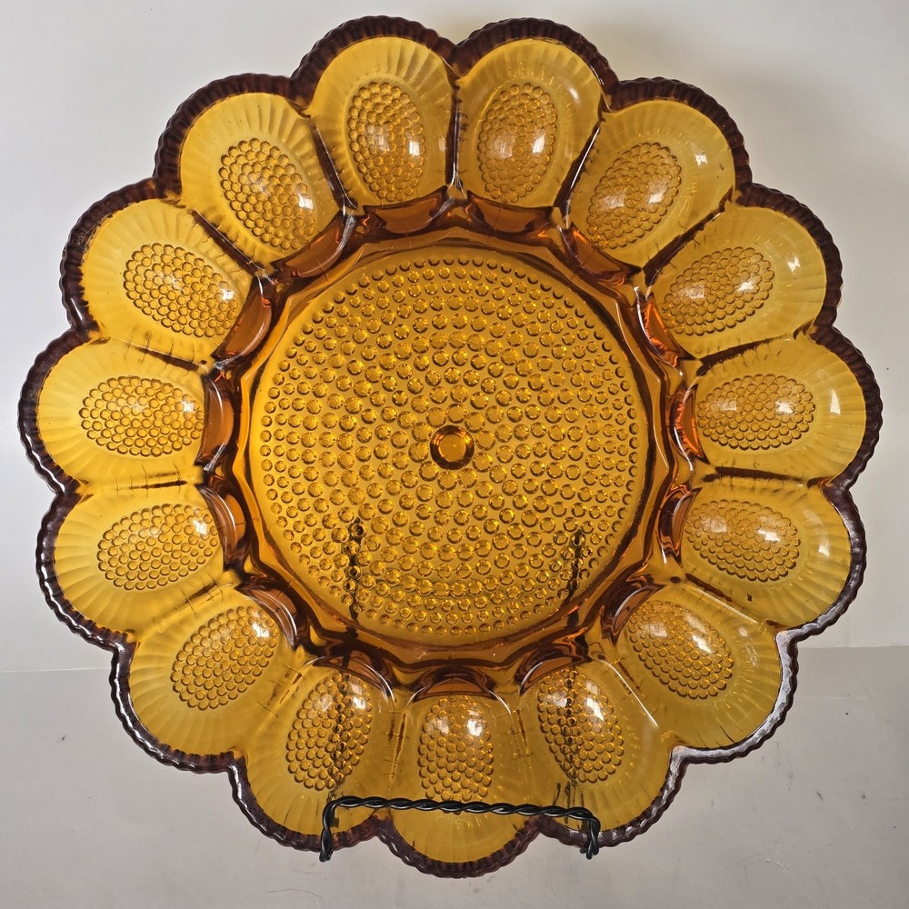Vintage Indiana Glass Amber Hobnail Deviled Egg Plate