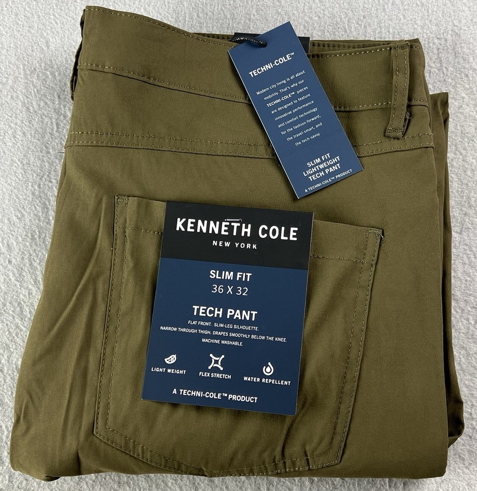 Kenneth Cole Men’s Slim Fit W36 L32 Lightweight Tech Stretch Pants Dark Olive