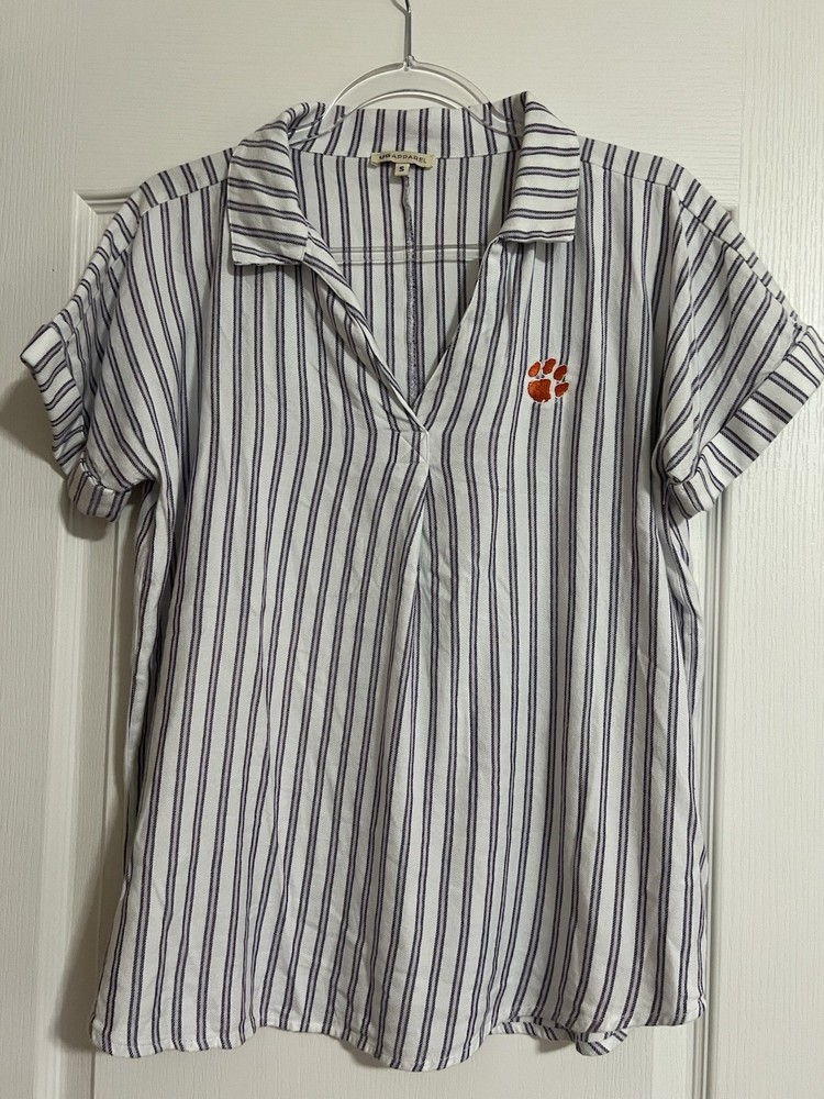 UG Apparel Women's Clemson Short Sleeve Polo White Purple Stripe Size Small