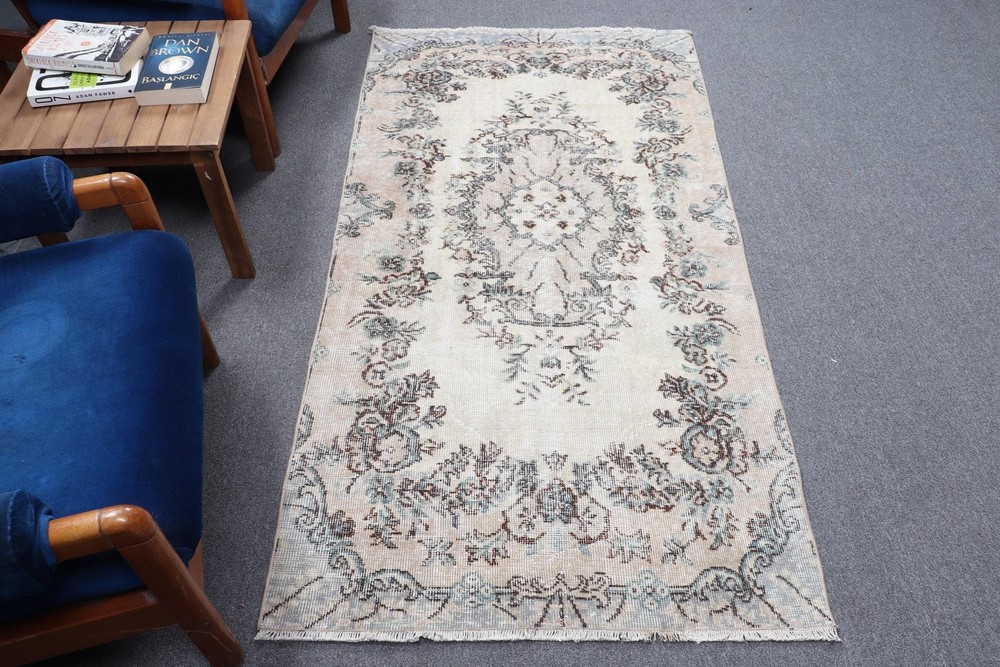 Vintage Turkish Rug, 3,2x6,2 ft Accent Rug, White Blue Abstract Wool Rug