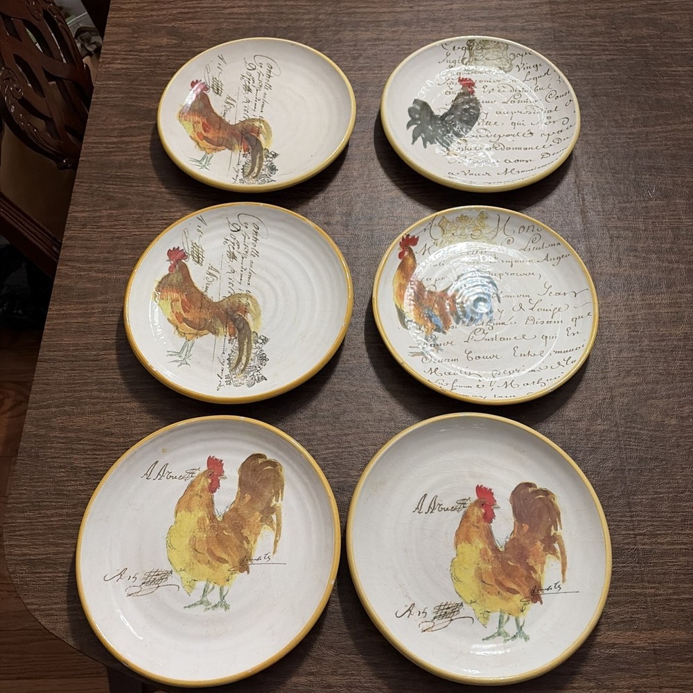 Williams Sonoma Rooster Script Ceramic Salad Plates Lot Of 6 Discontinued Italy
