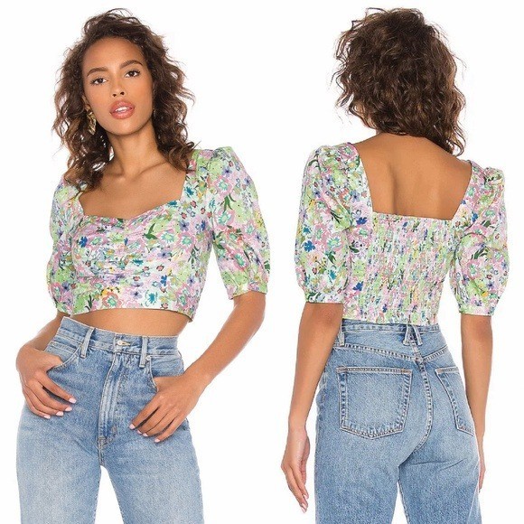 For Love & Lemons Women's Jardine Cotton Poplin Crop Top Size XS Smocked Back
