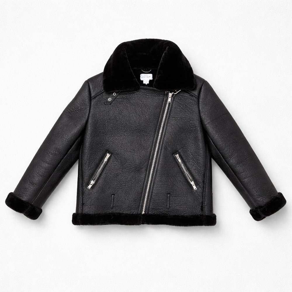 For The Republic Men's Medium Faux Fur Faux Leather Black Jacket Zipper